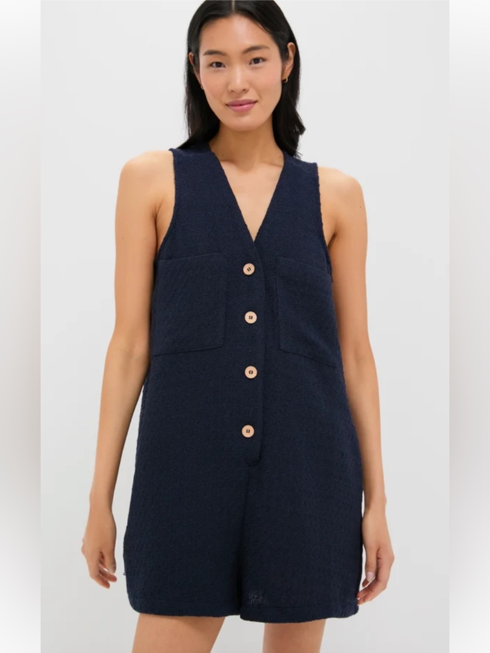 TUCKERNUCK Pomander Place Black Textured V-Neck Myla Romper with Pockets